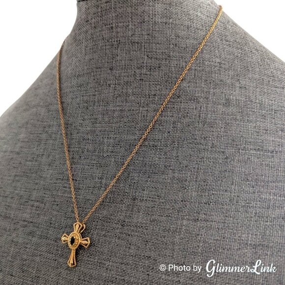 STS Karis Dark Blue Sapphire Religious Cross Gold Plated Pendant Necklace - Picture 4 of 13